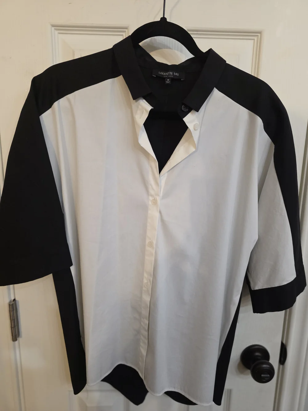Lafayette 148 New York Black and White Colorblock Short-Sleeve Button-Up Shirt - Picture 1 of 3